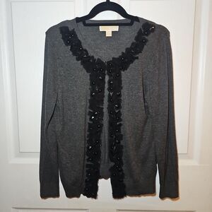 Michael Kors Women's Grey W Black Ruffles Cardigan Small